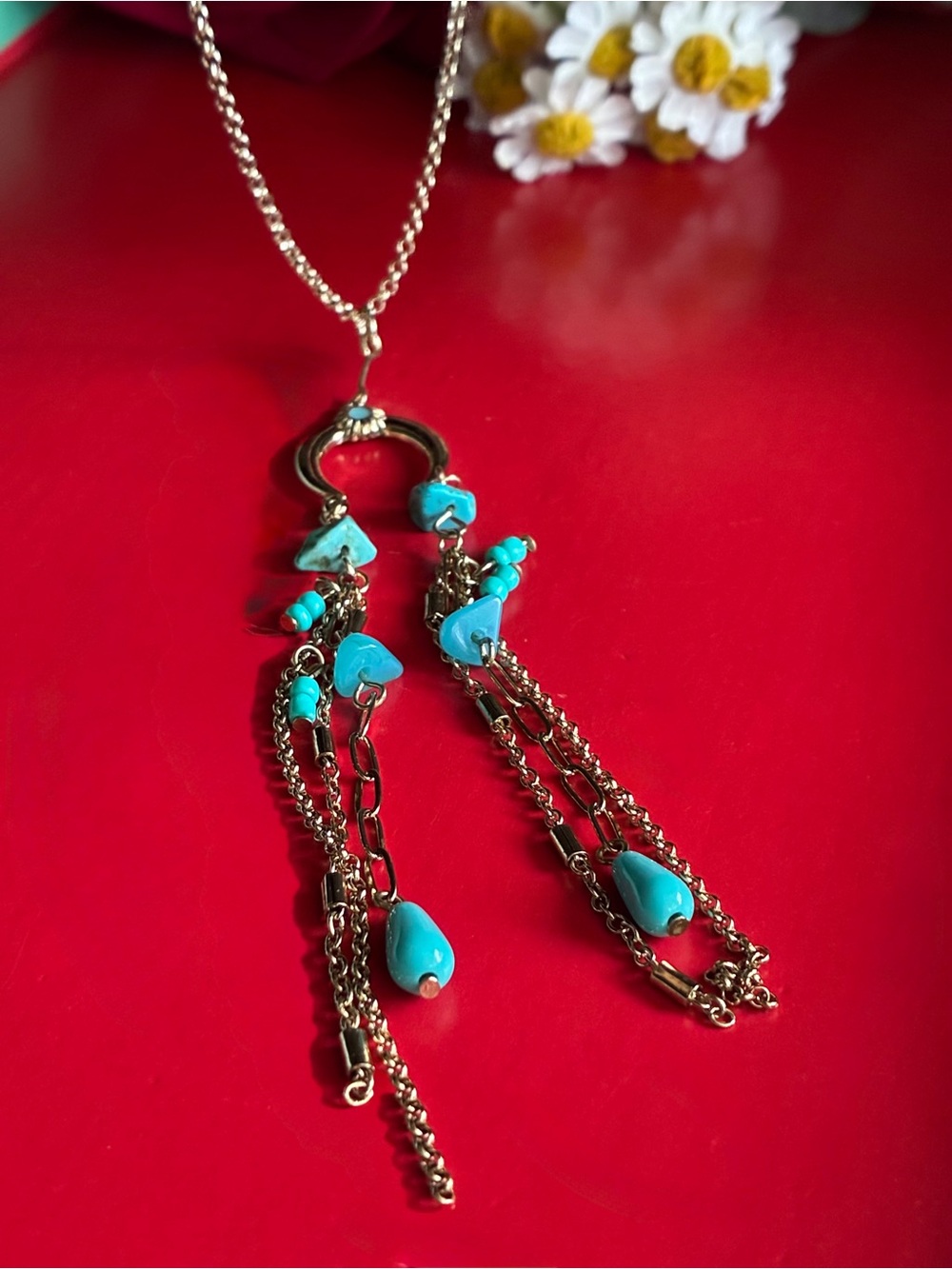 Necklace for women’s ,Turquoise Dangle Necklace - Gold Chain 28”+ 2 adjustable